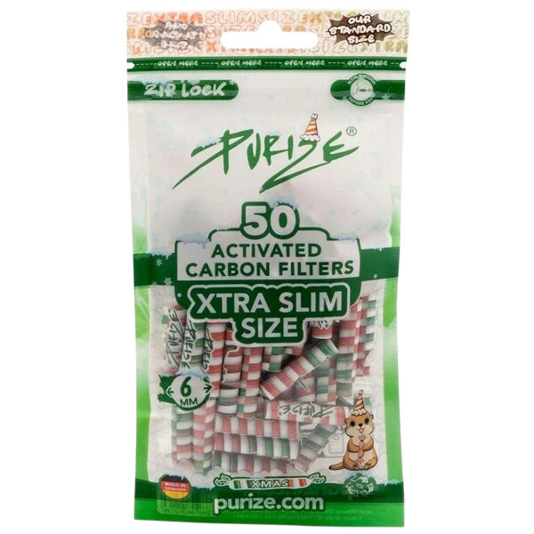 PURIZE XMAS Edition – 50 Xtra Slim Aktivkohlefilter Ø6mm – Limited Edition 1 PURIZE XMAS Aktivkohlefilter – 50 Xtra Slim Filter mit 6mm Durchmesser in rot-grün-weißer Weihnachtsverpackung