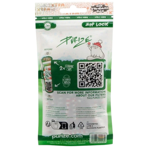 PURIZE XMAS Edition – 50 Xtra Slim Aktivkohlefilter Ø6mm – Limited Edition 2 PURIZE XMAS Aktivkohlefilter – Rückseite des 50er-Zip-Beutels mit Filteraufbau und QR-Code